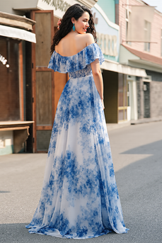 White Blue Flower A Line Off the Shoulder Long Chiffon Prom Dress with Slit