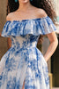 Load image into Gallery viewer, White Blue Flower A Line Off the Shoulder Long Chiffon Prom Dress with Slit