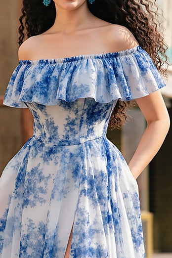 White Blue Flower A Line Off the Shoulder Long Chiffon Prom Dress with Slit