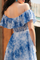 Load image into Gallery viewer, White Blue Flower A Line Off the Shoulder Long Chiffon Prom Dress with Slit
