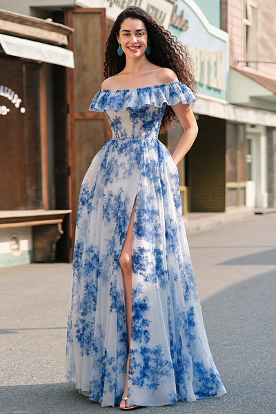 White Blue Flower A Line Ruffled Off the Shoulder Long Chiffon Prom Dress with Slit