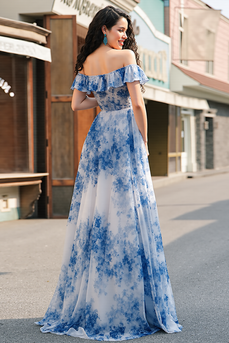 White Blue Flower A Line Ruffled Off the Shoulder Long Chiffon Prom Dress with Slit