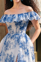 Load image into Gallery viewer, White Blue Flower A Line Ruffled Off the Shoulder Long Chiffon Prom Dress with Slit