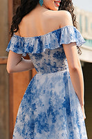 Load image into Gallery viewer, White Blue Flower A Line Ruffled Off the Shoulder Long Chiffon Prom Dress with Slit