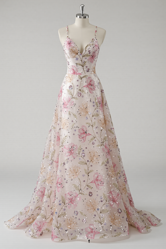 Floral Pink A Line Spaghetti Straps Long Prom Dress with Beading