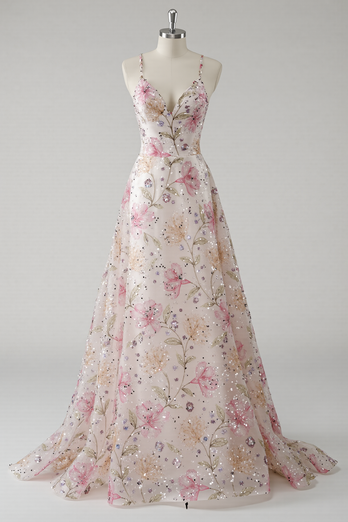 Floral Pink A Line Spaghetti Straps Long Prom Dress with Beading