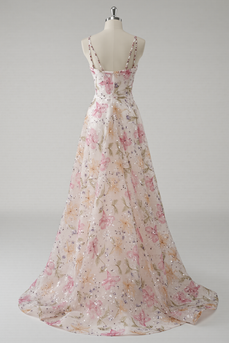 Floral Pink A Line Spaghetti Straps Long Prom Dress with Beading