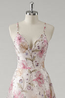 Load image into Gallery viewer, Floral Pink A Line Spaghetti Straps Long Prom Dress with Beading