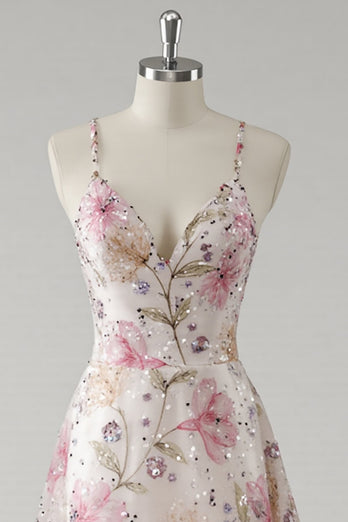 Floral Pink A Line Spaghetti Straps Long Prom Dress with Beading