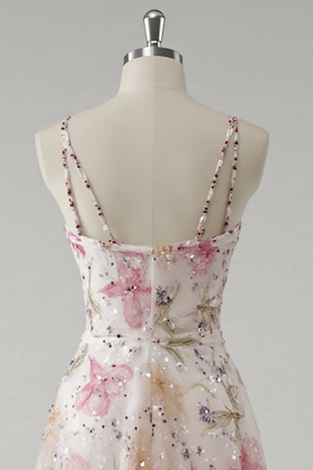 Floral Pink A Line Spaghetti Straps Long Prom Dress with Beading