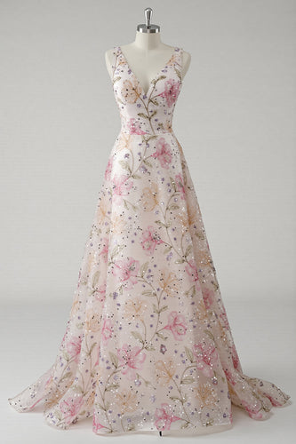 Sparkly Pink Floral A Line V-Neck Long Prom Dress with Beading