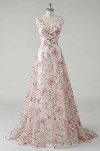 Sparkly Pink Floral A Line V-Neck Long Prom Dress with Beading