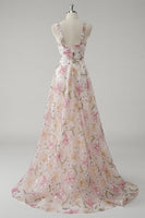 Load image into Gallery viewer, Sparkly Pink Floral A Line V-Neck Long Prom Dress with Beading