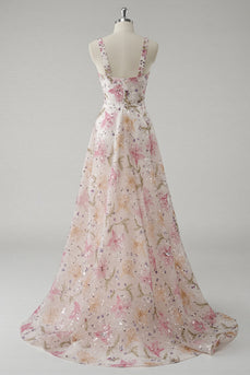 Sparkly Pink Floral A Line V-Neck Long Prom Dress with Beading