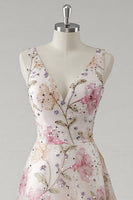 Load image into Gallery viewer, Sparkly Pink Floral A Line V-Neck Long Prom Dress with Beading