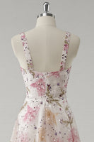 Load image into Gallery viewer, Sparkly Pink Floral A Line V-Neck Long Prom Dress with Beading