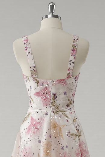 Sparkly Pink Floral A Line V-Neck Long Prom Dress with Beading