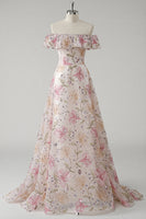 Load image into Gallery viewer, Sparkly Pink Off the Shoulder Floral A Line Long Prom Dress