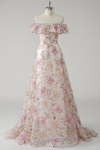 Sparkly Pink Off the Shoulder Floral A Line Long Prom Dress