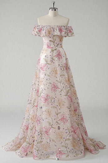 Sparkly Pink Off the Shoulder Floral A Line Long Prom Dress