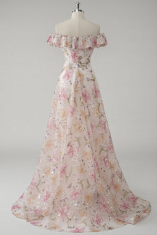 Sparkly Pink Off the Shoulder Floral A Line Long Prom Dress