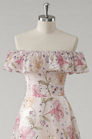 Load image into Gallery viewer, Sparkly Pink Off the Shoulder Floral A Line Long Prom Dress