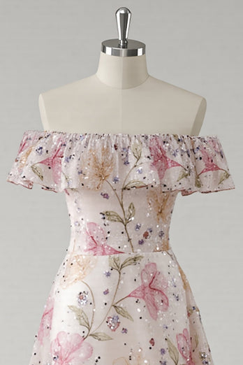 Sparkly Pink Off the Shoulder Floral A Line Long Prom Dress