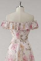 Load image into Gallery viewer, Sparkly Pink Off the Shoulder Floral A Line Long Prom Dress
