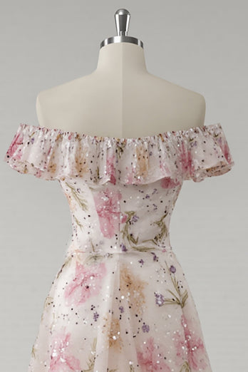 Sparkly Pink Off the Shoulder Floral A Line Long Prom Dress