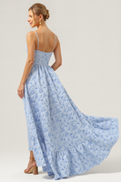 Load image into Gallery viewer, Blue A Line V-Neck High-Low Floral Bridesmaid Dress