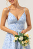 Load image into Gallery viewer, Blue A Line V-Neck High-Low Floral Bridesmaid Dress