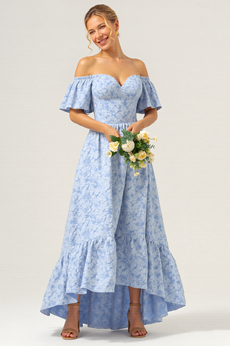 Floral Blue A Line Off the Shoulder Long Bridesmaid Dress with Sleeves