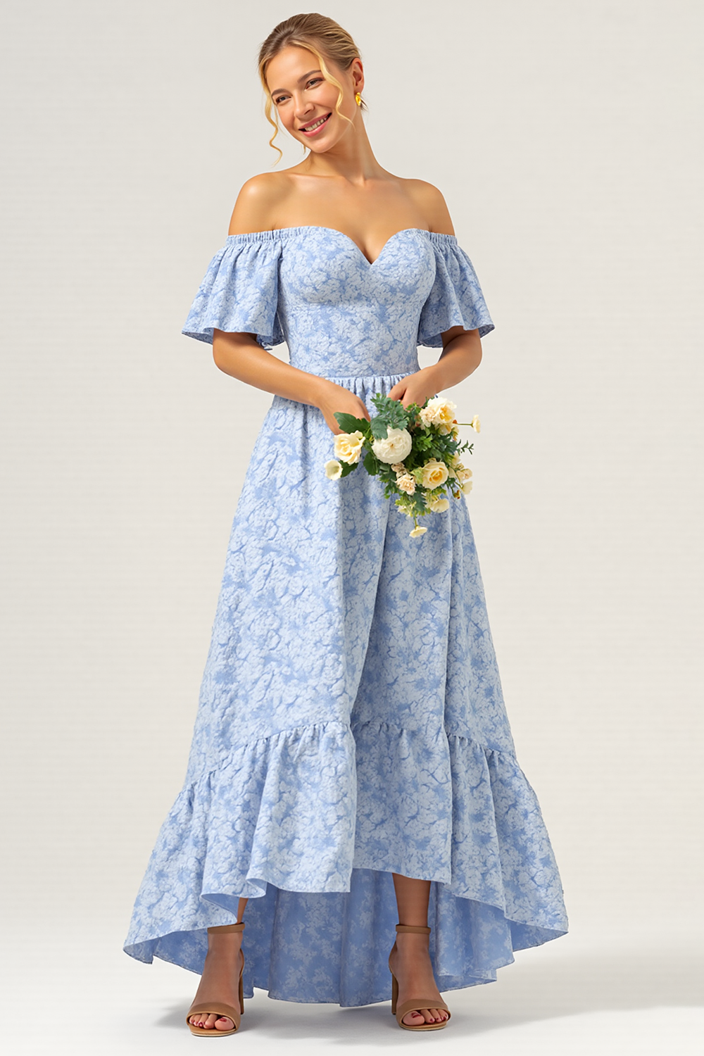 Floral Blue A Line Off the Shoulder Long Bridesmaid Dress with Sleeves
