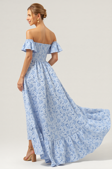 Floral Blue A Line Off the Shoulder Long Bridesmaid Dress with Sleeves