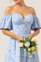 Load image into Gallery viewer, Floral Blue A Line Off the Shoulder Long Bridesmaid Dress with Sleeves