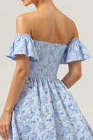 Load image into Gallery viewer, Floral Blue A Line Off the Shoulder Long Bridesmaid Dress with Sleeves