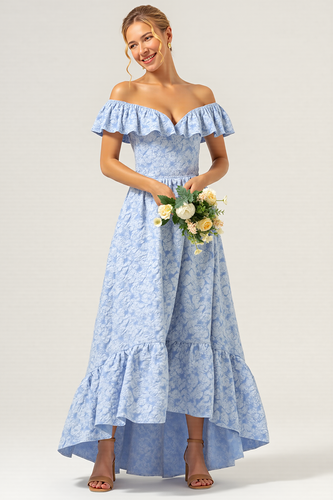 Off the Shoulder Blue Floral A Line Long Bridesmaid Dress with Ruffles