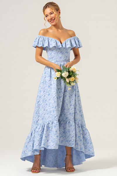 Off the Shoulder Blue Floral A Line Long Bridesmaid Dress with Ruffles