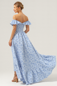 Off the Shoulder Blue Floral A Line Long Bridesmaid Dress with Ruffles