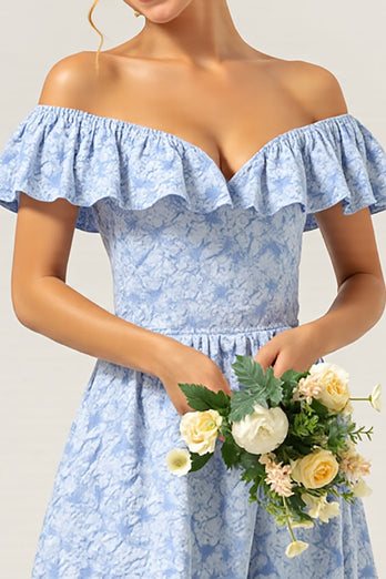 Off the Shoulder Blue Floral A Line Long Bridesmaid Dress with Ruffles