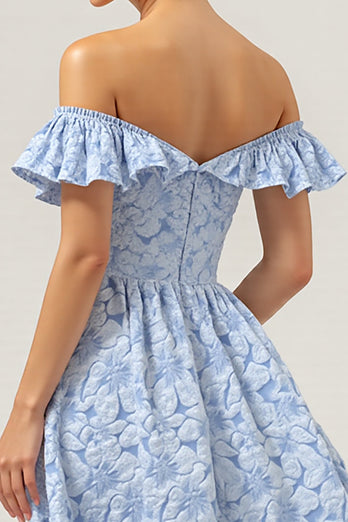 Off the Shoulder Blue Floral A Line Long Bridesmaid Dress with Ruffles
