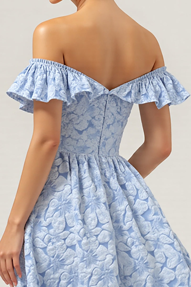 Load image into Gallery viewer, Off the Shoulder Blue Floral A Line Long Bridesmaid Dress with Ruffles