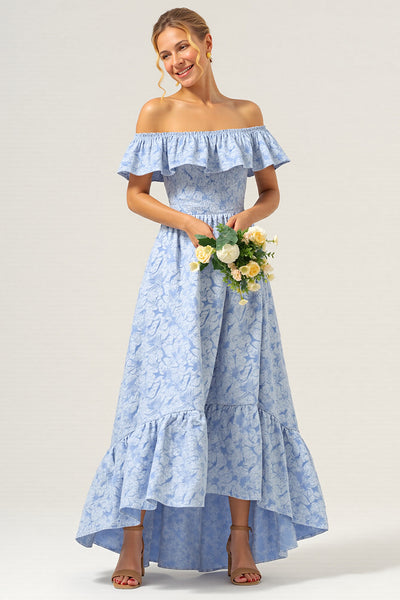 Floral Blue Off the Shoulder A Line Long Bridesmaid Dress with Ruffles