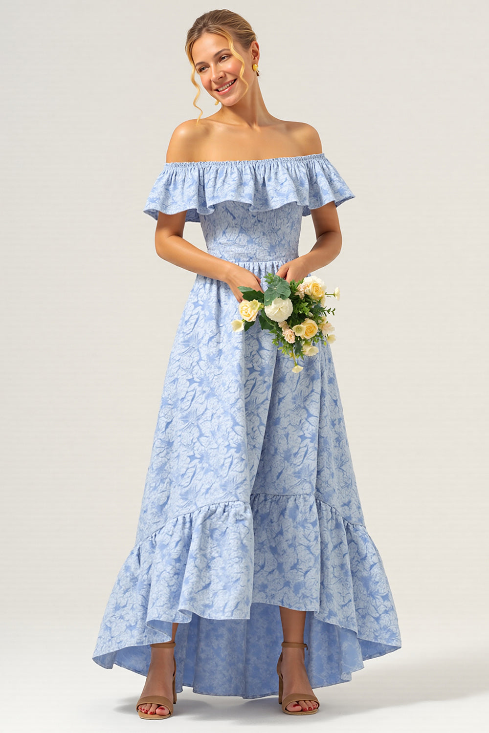 Floral Blue Off the Shoulder A Line Long Bridesmaid Dress with Ruffles