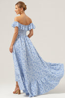 Load image into Gallery viewer, Floral Blue Off the Shoulder A Line Long Bridesmaid Dress with Ruffles
