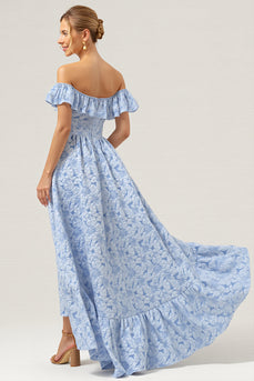 Floral Blue Off the Shoulder A Line Long Bridesmaid Dress with Ruffles