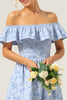 Load image into Gallery viewer, Floral Blue Off the Shoulder A Line Long Bridesmaid Dress with Ruffles