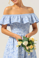 Load image into Gallery viewer, Floral Blue Off the Shoulder A Line Long Bridesmaid Dress with Ruffles