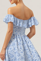 Load image into Gallery viewer, Floral Blue Off the Shoulder A Line Long Bridesmaid Dress with Ruffles