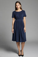 Load image into Gallery viewer, Navy Ruched Satin A Line Midi Work Dress with Short Sleeves